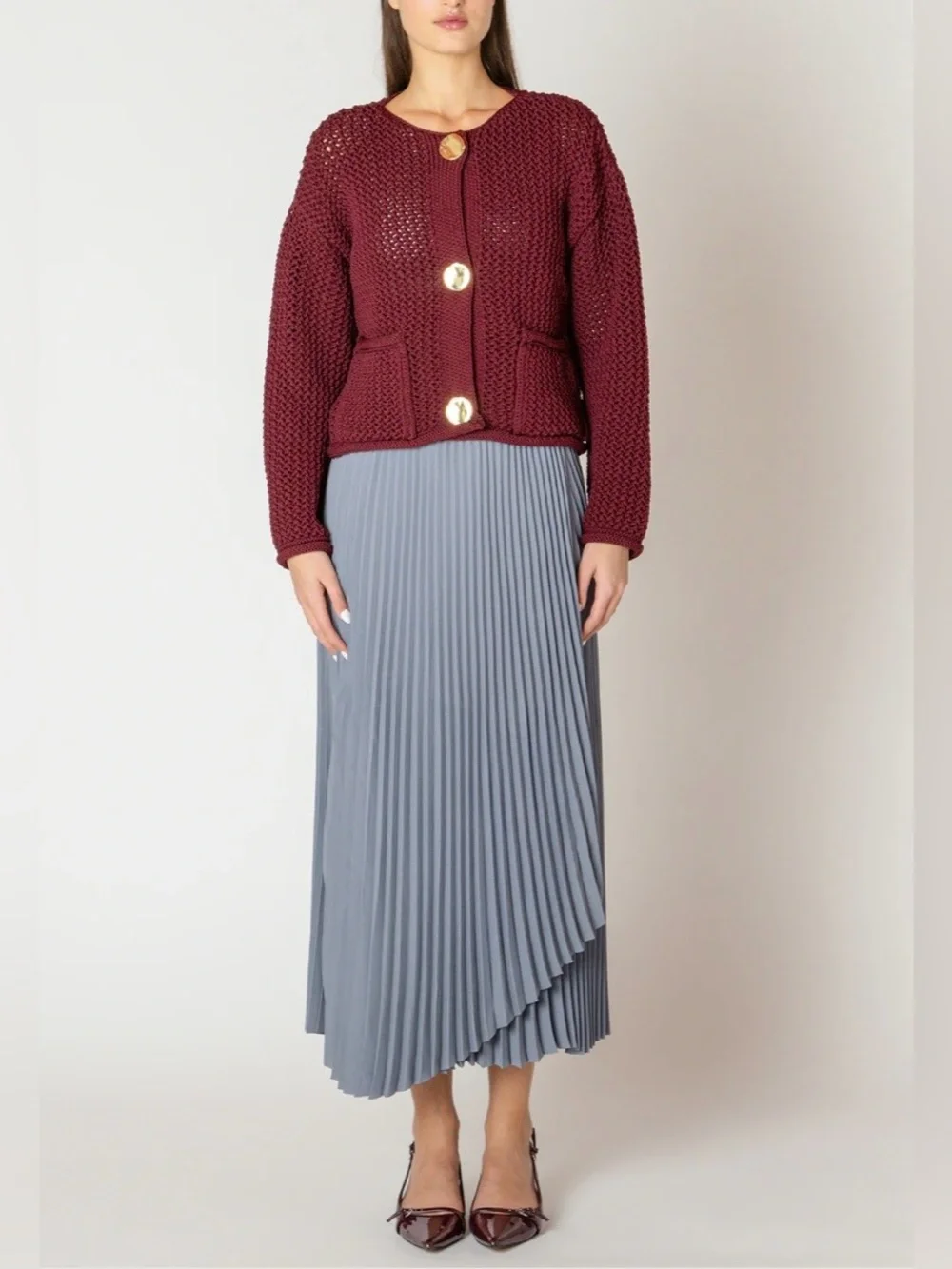 entro Maroon Crochet Open-Knit Button Cardigan